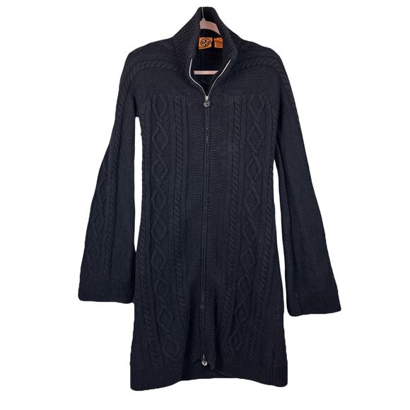 Tory Burch Dress Womens XS Black Pure Merino Wool Bell Cable Zip Cardigan Goth - Picture 11 of 16